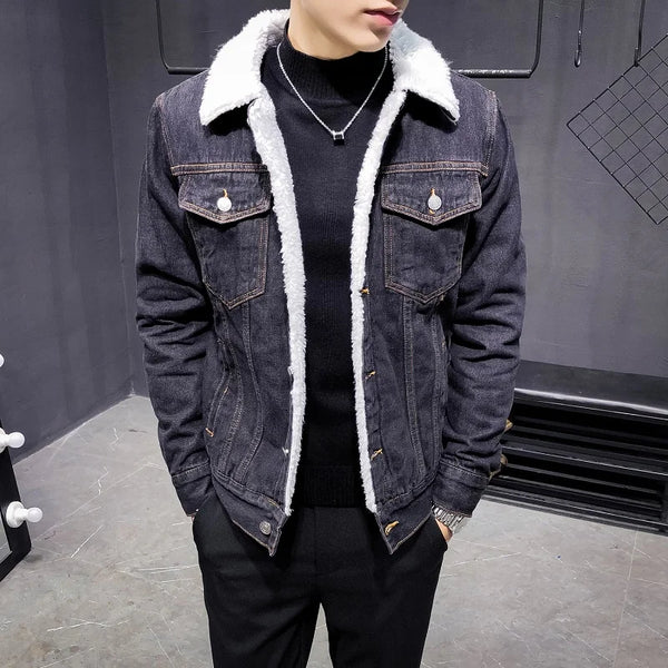 Retro Gray FrostEdge Men’s Wool-Lined Denim Winter Jacket, model front pose