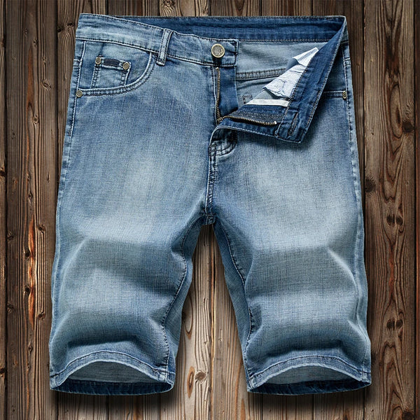 Stonecraft Flex Denim Shorts front view in Retro Blue washed denim.