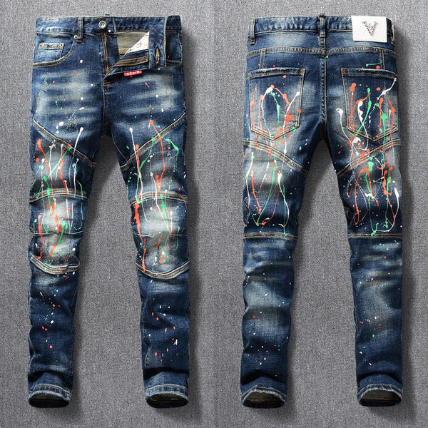 Montrézo PaintFlex Retro Dark Blue Denim front and back view showcasing paint splatter and distressed trims