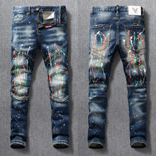 Montrézo PaintFlex Retro Dark Blue Denim front and back view showcasing paint splatter and distressed trims