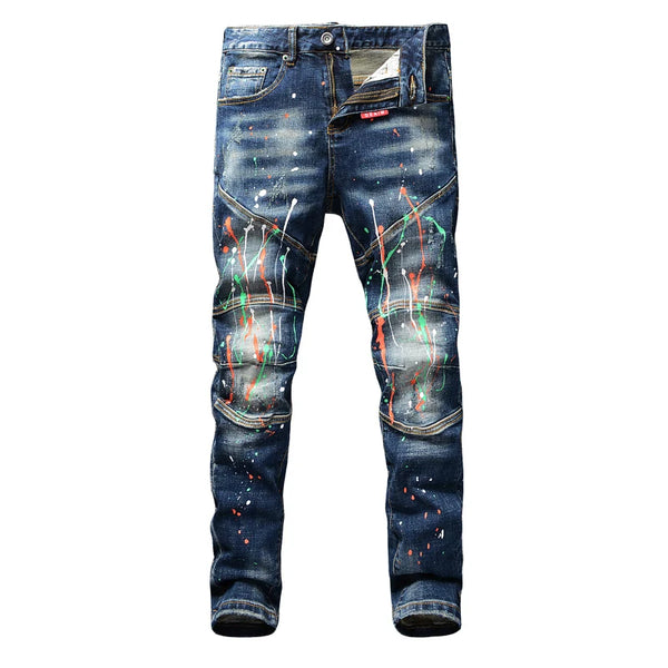 Montrézo PaintFlex retro dark blue Denim front view highlighting paint splatter, light distress, and moustache effect