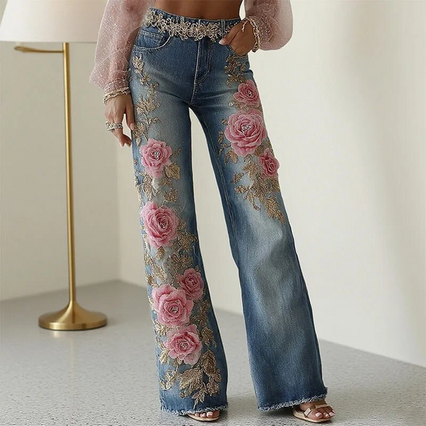 Model in Rosabelléa Bloom-Leaf Rose Print Jeans in Bubble Gum Pink, front view, straight-leg mid-high waist