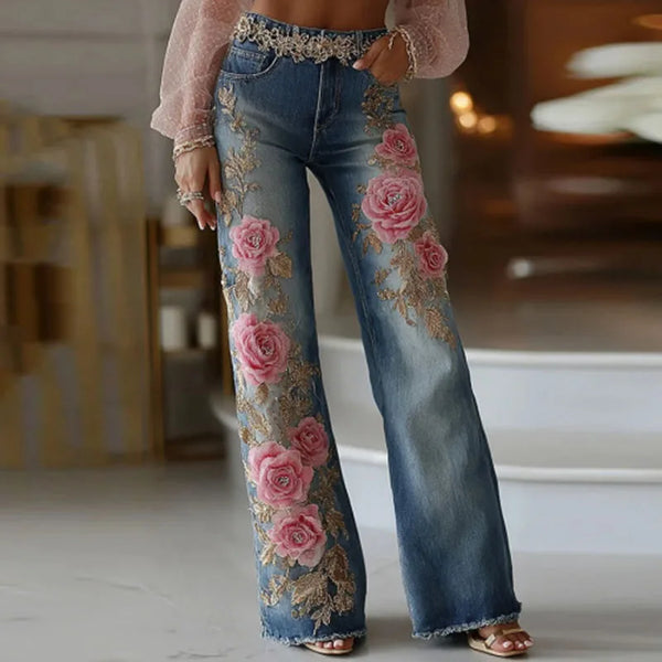 Rosabelléa Rose Print Jeans in Bubble Gum Pink styled with heels and accessories, front view, gold-leaf detail visible