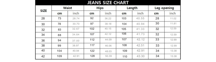 Valrose Embroidered Roses Jeans size chart with measurements in centimeters and inches