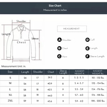 Size chart for embroidered contrast striped shirt with measurements in inches and suggested weight.