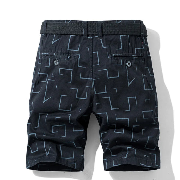 Black abstract print men’s safari Bermuda shorts back view.