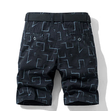 Black abstract print men’s safari Bermuda shorts back view.