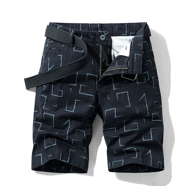 Black abstract print men’s safari Bermuda shorts front view.