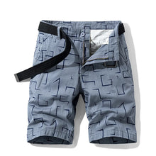 Gray abstract print men’s safari Bermuda shorts front view.