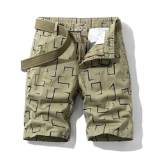 Khaki abstract print men’s safari Bermuda shorts front view.