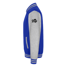 Royal Blue men’s divine dominion heavyweight varsity jacket left-side view showing sleeve crown logo and striped ribbed trim detail