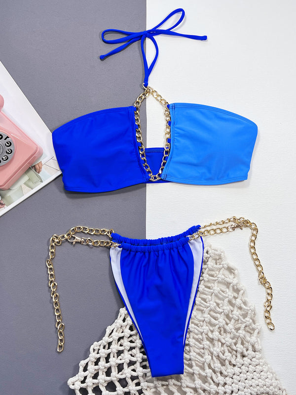 Royal blue chain detail halter neck bikini set front flat lay view
