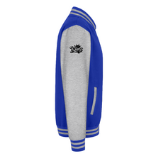 Royal Blue Navy Blue men’s divine dominion heavyweight varsity jacket right-side view showing sleeve crown logo and striped ribbed trim detail