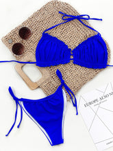 Royal blue frill trim halter neck bikini set front flat lay view