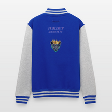 Royal Blue women’s queen lioness heavyweight varsity jacket back view showing lioness graphic and fearlessly authentic text