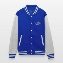 Royal Blue women’s queen lioness heavyweight varsity jacket back view showing lioness graphic and fearlessly authentic text