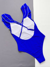 Royal blue ruffled crisscross backless one-piece swimsuit back flat lay view showing strap details