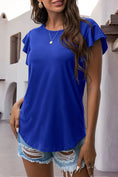 royal blue ruffled round neck cap sleeve blouse front view