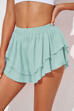 Close-up of layered hem and mid-rise waist on Ruffira Flow Active Shorts in Aqua.