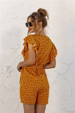 Ruffled Polka Dot Half Button Romper - Back View, Mustard, Relaxed Fit.