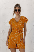 Ruffled Polka Dot Half Button Romper - Front View, Mustard, Waist Tie, Half Button Detail.