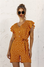 Ruffled Polka Dot Half Button Romper worn to a Picnic - Mustard, Outdoor Event Attire.