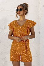 Styled Ruffled Polka Dot Half Button Romper with Sandals and Hat - Mustard, Casual Chic Outfit.