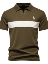 Front view of olive green contrast polo with giraffe embroidery and v-neck collar