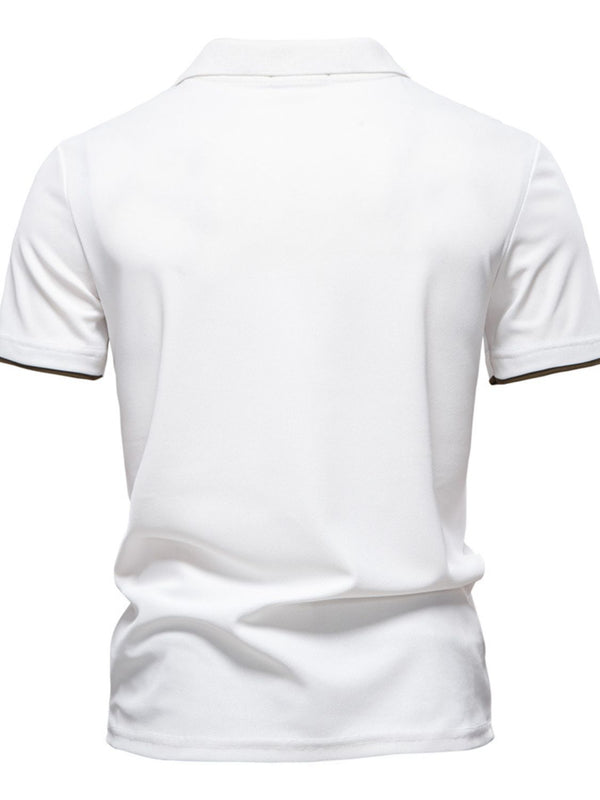 Back view of white contrast polo showing short sleeves and clean finish