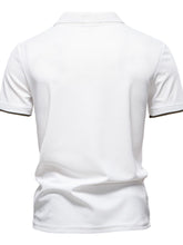 Back view of white contrast polo showing short sleeves and clean finish