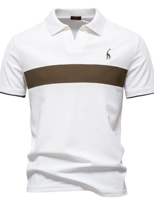 Front view of white contrast polo with giraffe embroidery and v-neck collar