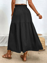 Seravellea Black frill midi skirt back view highlighting gathered frill elastic waist and seamless back finish