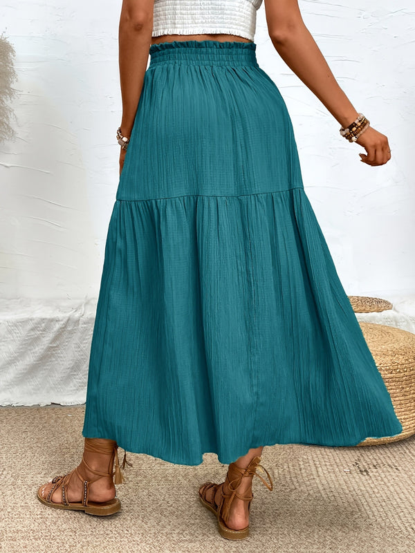 Seravellea French blue frill midi skirt back view highlighting gathered frill elastic waist and seamless back finish