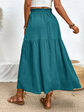 Seravellea French blue frill midi skirt back view highlighting gathered frill elastic waist and seamless back finish