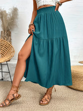 Seravellea French blue frill midi skirt side view showcasing side slit detail and lightweight drape