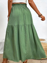 Seravellea French blue frill midi skirt zoomed in back view highlighting gathered frill elastic waist and seamless back finish