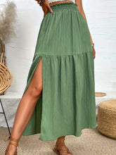 Seravellea Matcha green frill midi skirt side view showcasing side slit detail and lightweight drape