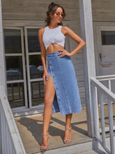 Sky Blue Denivéra Button Skirt side pose showing button slit and washed denim texture