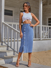 Sky Blue Denivéra Button Skirt styled with knotted tank, sunglasses, hoops, and peep-toe heels