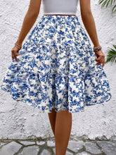 Back view of sky blue Florévyn Midi Skirt showcasing frill tiers and ruffled hem
