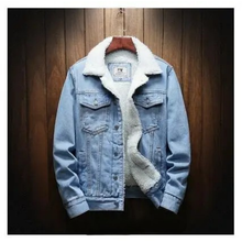 Sky Blue Men’s Wool-Lined Denim Winter Jacket, front view on hanger
