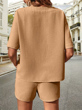 Back view of Soft But Savage Waffle-Knit Set in tan, highlighting relaxed silhouette and textured fabric.