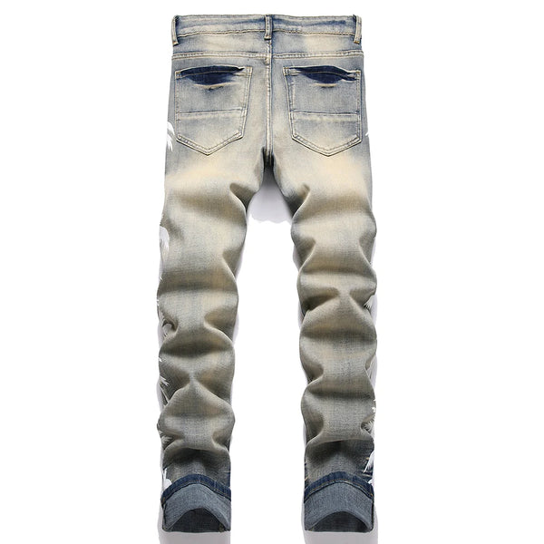Back view of SOKOTOO Men Coconut Palm Print Distressed Denim Jeans in blue