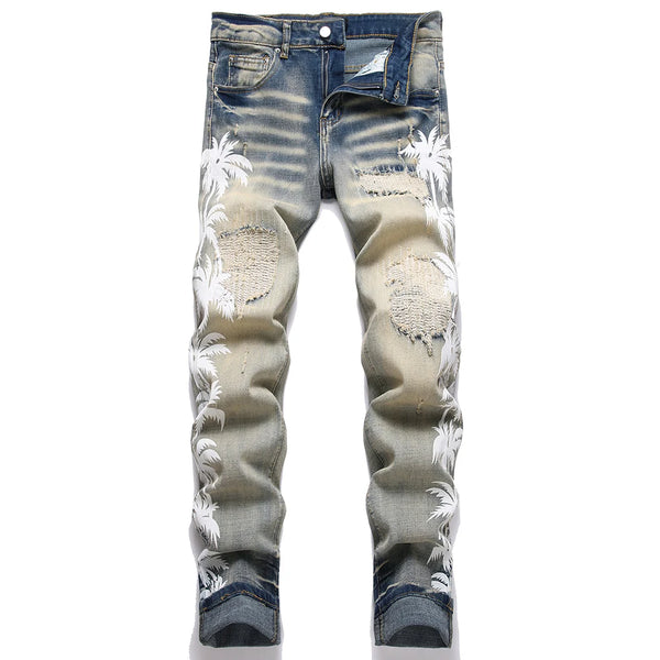 Front view of SOKOTOO Men Coconut Palm Print Distressed Denim Jeans in blue