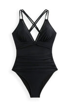 Solenyra Luxe Crisscross One-Piece in black front flat lay.