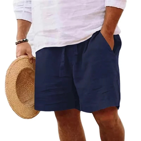Solivaro men's navy cotton relax fit adjustable waist shorts, front view.