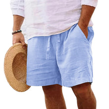 Solivaro men's sky blue cotton relax fit adjustable waist shorts, front view.