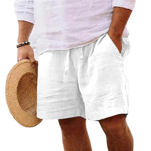 Solivaro men's white cotton relax fit adjustable waist shorts, front view.