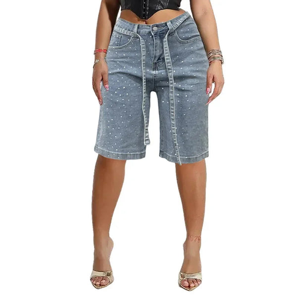 Front view of Stigende LuxeGlow light blue rhinestone sequin denim shorts.
