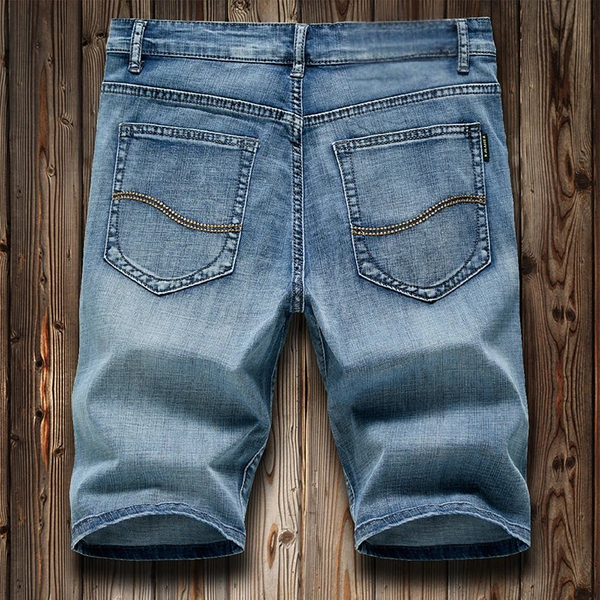 Retro Blue Stonecraft Flex Denim Shorts back view showcasing pockets.